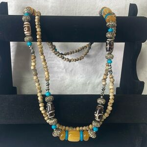 Vintage handmade costume 32” necklace. Wood, silver, amber, turquoise.